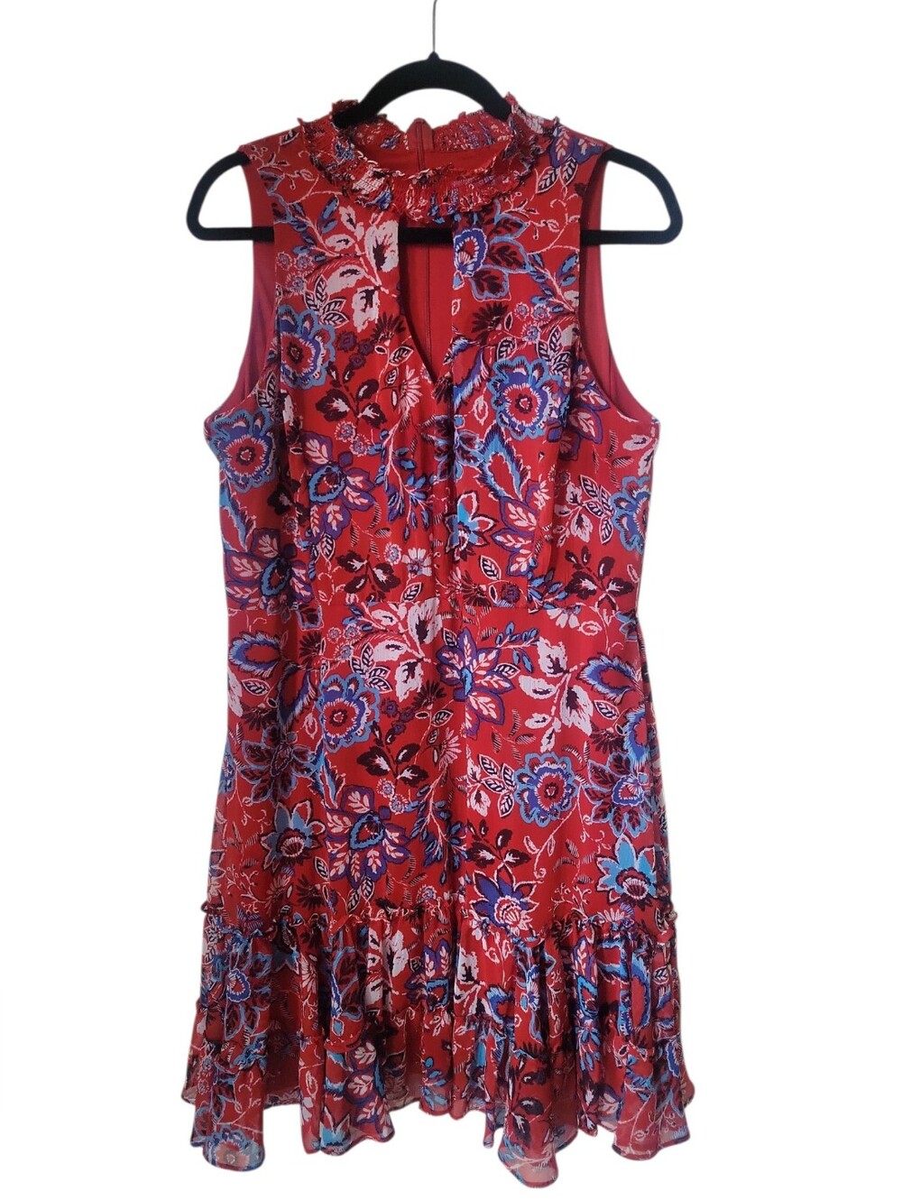 Emma & Michele Red Floral Mini Dress W/ Contrast Trim Tier Ruffle Hemline Flowy
